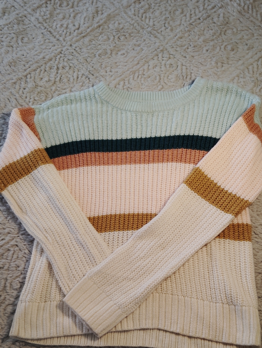 SO Striped Crewneck Sweater in Mint, Pink, Mustard & Teal